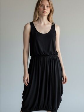 Eileen Fisher Black Sleeveless Pleated Scoop-Neck Dress